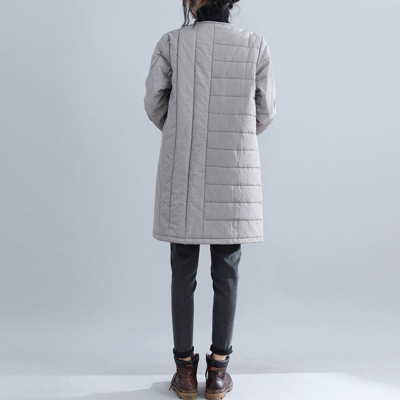 New Gray Parkas Loose Fitting O Neck Snow Jackets Chinese Button Winter Outwear