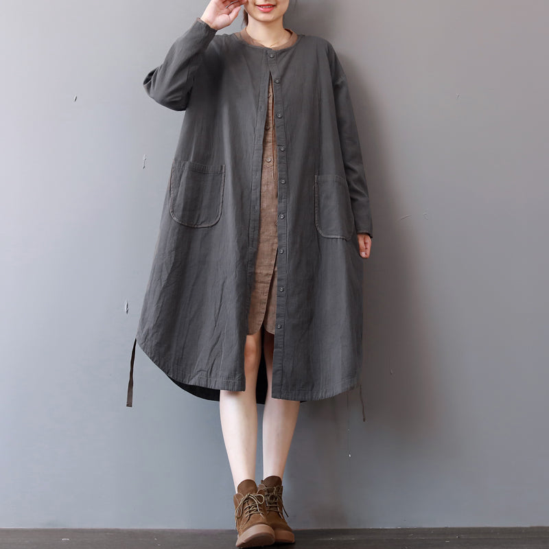 New Gray Cotton Dress Stand Collar Cotton Maxi Dress Long Sleeve Autumn Shirt Dress
