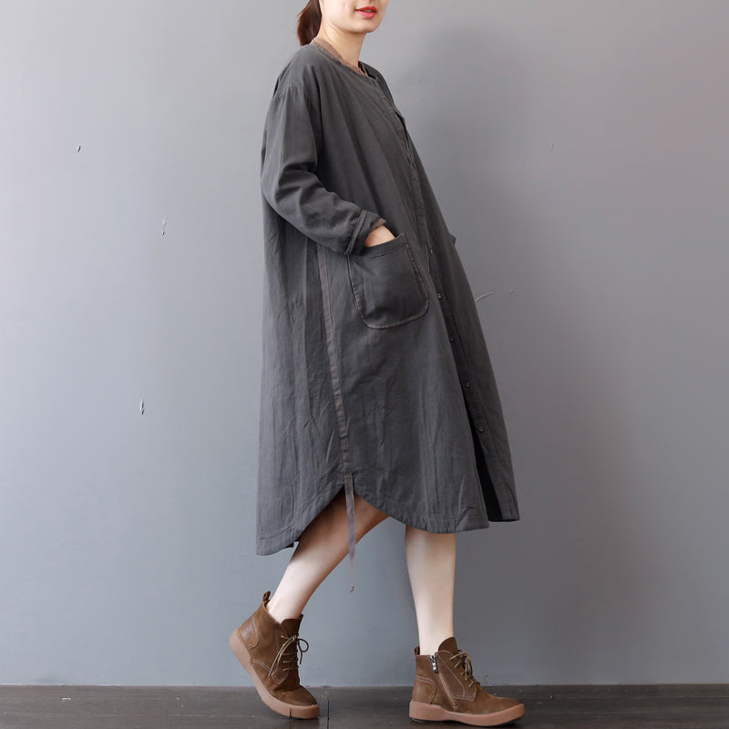 New Gray Cotton Dress Stand Collar Cotton Maxi Dress Long Sleeve Autumn Shirt Dress