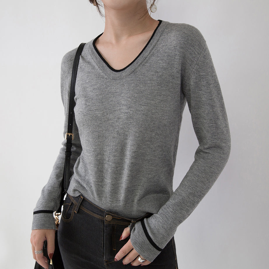 New Gray Cozy Sweater Loose Fitting V Neck Sweaters Side Open Sweaters