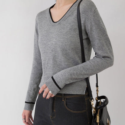 New Gray Cozy Sweater Loose Fitting V Neck Sweaters Side Open Sweaters