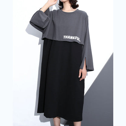 New Gray Fall Dress O Neck Cotton Clothing Dresses Faux Two Pieces Maxi Dresses