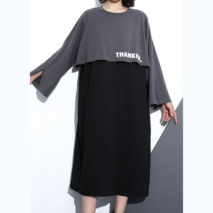 New Gray Fall Dress O Neck Cotton Clothing Dresses Faux Two Pieces Maxi Dresses