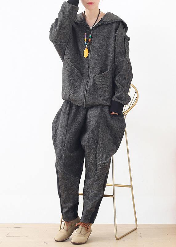 New Heavy Sweater Hooded Loose Zipper Coat and Elastic Waist Pants