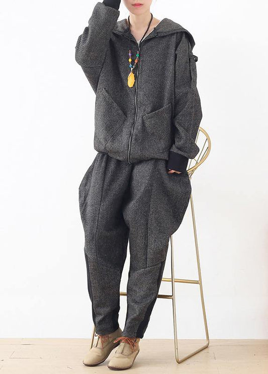 New Heavy Sweater Hooded Loose Zipper Coat and Elastic Waist Pants