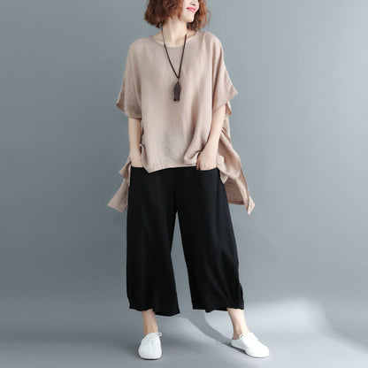 New Khaki Midi-length Cotton Linen T Shirt Loose Fitting Cardigans Short Sleeve O Neck Linen Blouses