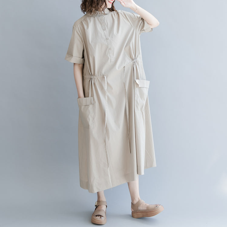 New Khaki Cotton Blended Dress Clothing Traveling Clothing Short Sleeve Pockets Turn-down Collar Baggy Dresses