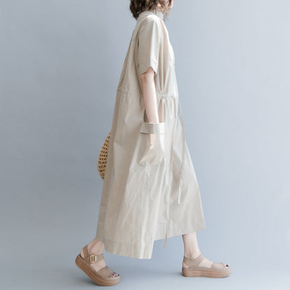 New Khaki Cotton Blended Dress Clothing Traveling Clothing Short Sleeve Pockets Turn-down Collar Baggy Dresses