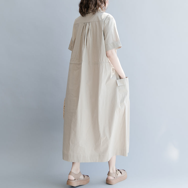 New Khaki Cotton Blended Dress Clothing Traveling Clothing Short Sleeve Pockets Turn-down Collar Baggy Dresses
