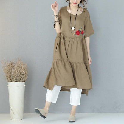 New Khaki Natural Linen Dress Embroidery Linen Clothing Dress 2018short Sleeve Caftans