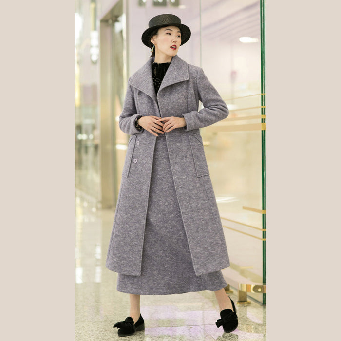 New Light Purple Woolen Outwear Tei Waist Long Coats Pockets Coats
