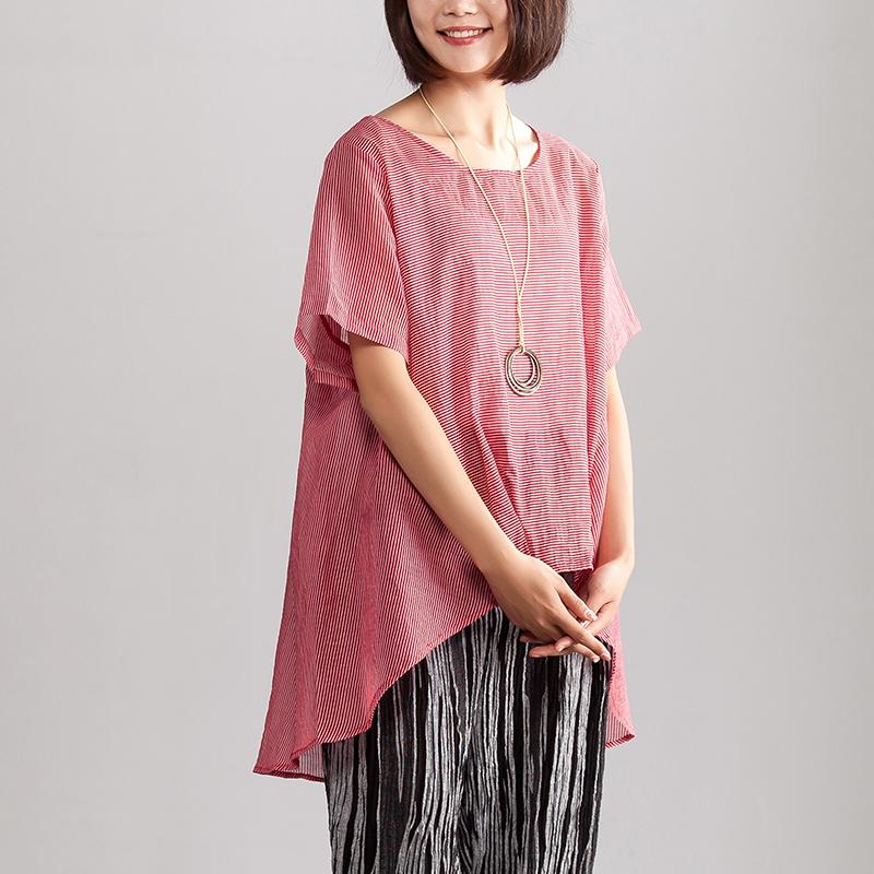 New Linen Blended Summer Top Summer Loose Leisure Short Sleeve Red Stripe Blouse