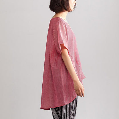 New Linen Blended Summer Top Summer Loose Leisure Short Sleeve Red Stripe Blouse