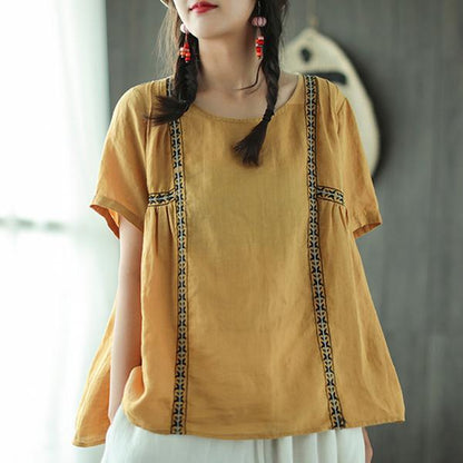 New Linen Blouse Loose Fitting Loose Pleated Ramie Pullover Blouse