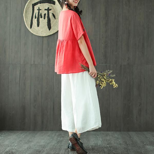 New Linen Blouse Loose Fitting Loose Pleated Ramie Pullover Blouse