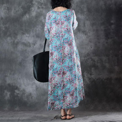 New Linen Summer Dress Loose Fitting Retro V Neck Short Sleeve Printed Ramie Dress