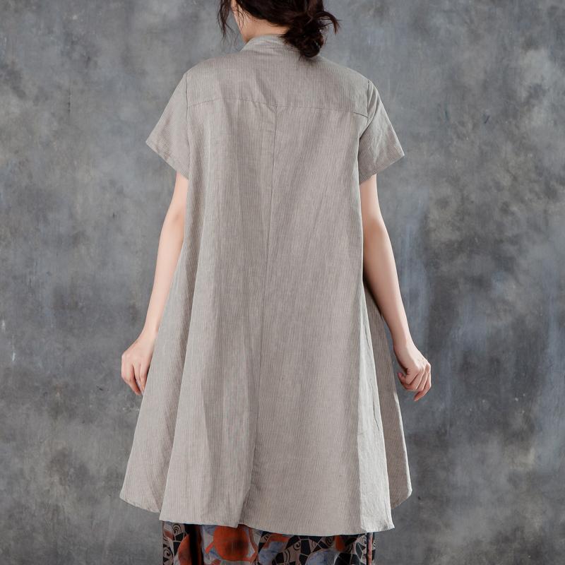 New Linen Tops Stand Collar Short Sleeve Irregular Khaki Tops