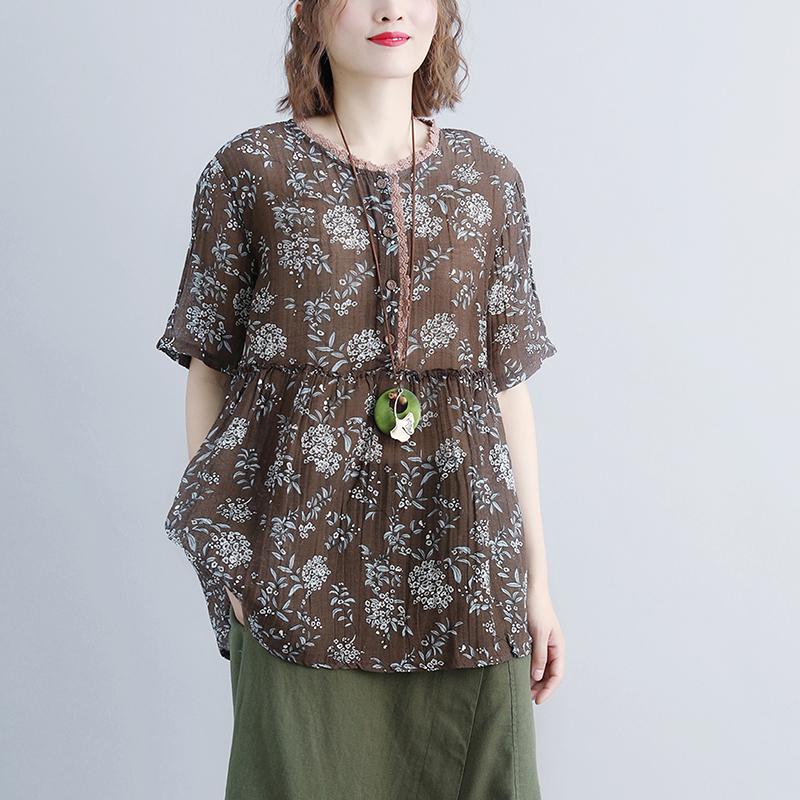 New Linen Tops Clothing Round Neck Summer Short Sleeve Blouse
