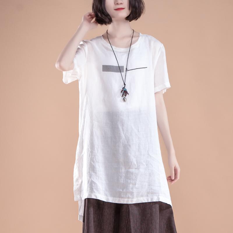 New Linen Tops Clothing Short Sleeve Slit Summer White Tops