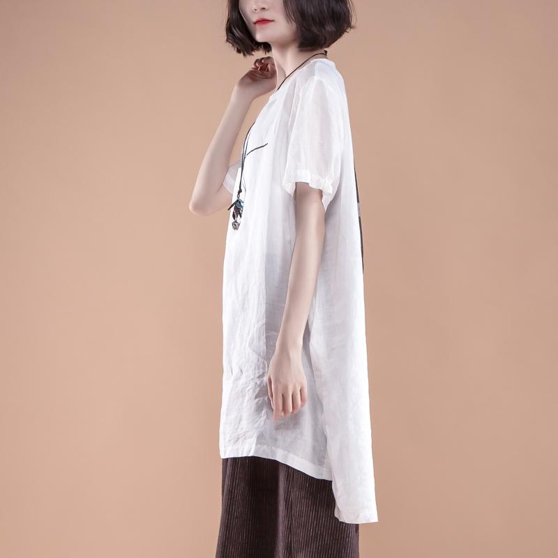New Linen Tops Clothing Short Sleeve Slit Summer White Tops