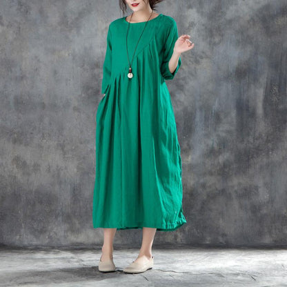 New Long Linen Dress Loose Fitting Linen Round Neck Three Quarter Sleeve Green Pleated Dress