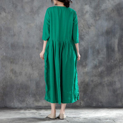 New Long Linen Dress Loose Fitting Linen Round Neck Three Quarter Sleeve Green Pleated Dress
