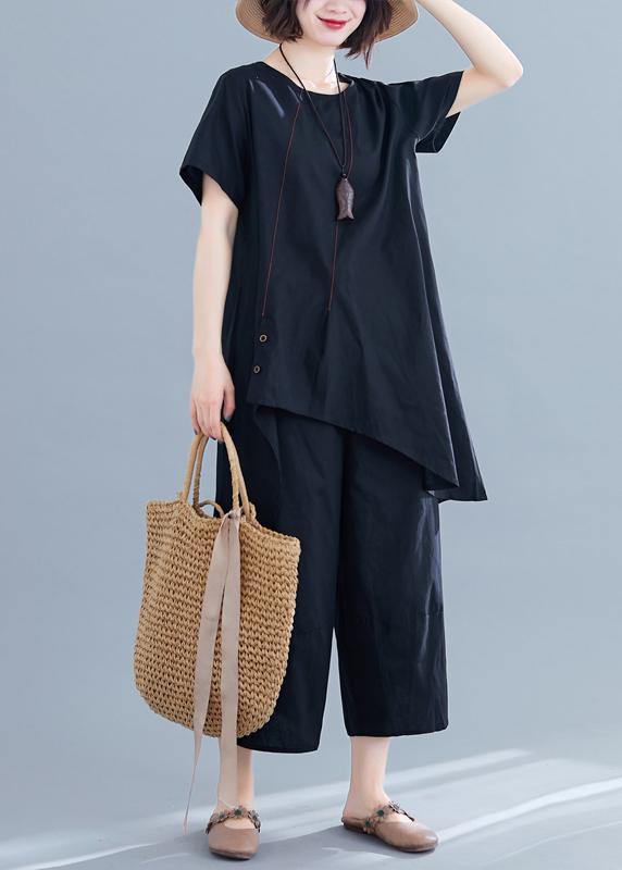 New Loose Black Cotton and Linen Irregular Shirt + Pants Suit