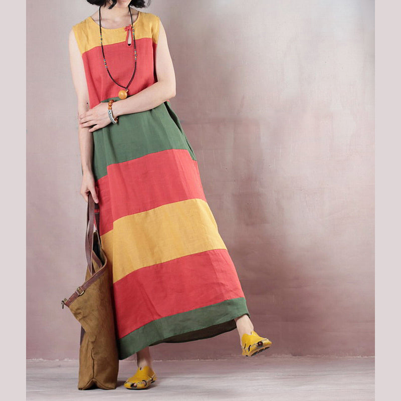 New Multicolor Striped Linen Maxi Dress O Neck Linen Maxi Dress Fine Sleeveless Baggy Dresses