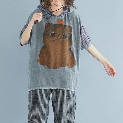 New Natural Linen T Shirt Oversized Plaid Summer Short Sleeve High-low Hem Gray Hooded Blouse