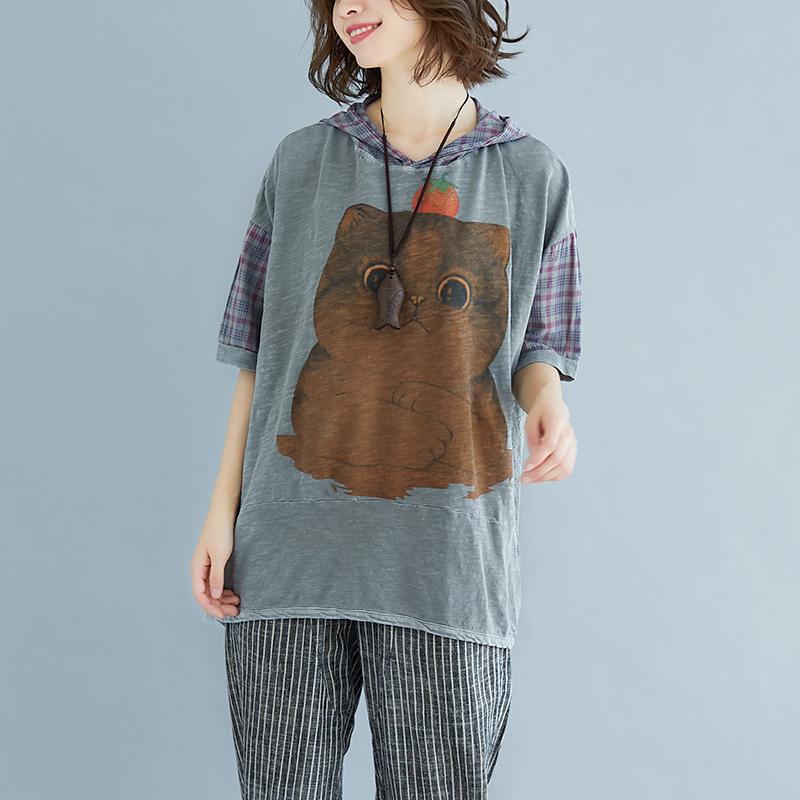 New Natural Linen T Shirt Oversized Plaid Summer Short Sleeve High-low Hem Gray Hooded Blouse