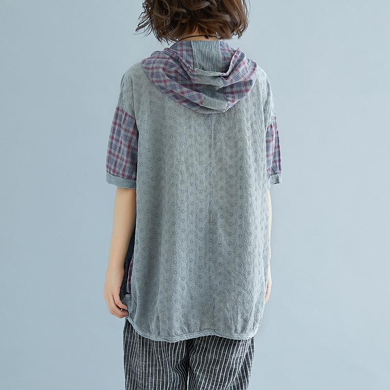 New Natural Linen T Shirt Oversized Plaid Summer Short Sleeve High-low Hem Gray Hooded Blouse