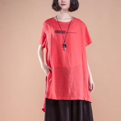 New Natural Linen T Shirt Short Sleeve Slit Summer Red Tops