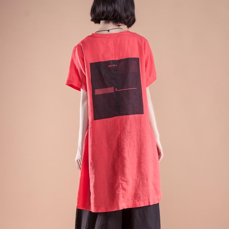 New Natural Linen T Shirt Short Sleeve Slit Summer Red Tops