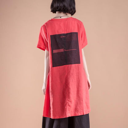 New Natural Linen T Shirt Short Sleeve Slit Summer Red Tops