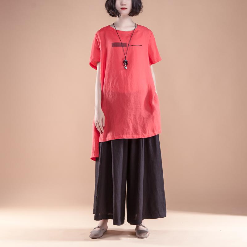 New Natural Linen T Shirt Short Sleeve Slit Summer Red Tops