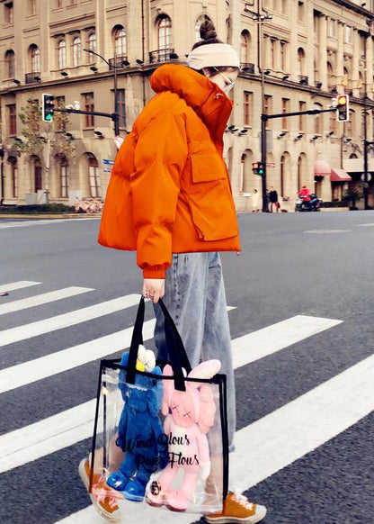 New Orange Duck Down Coat Clothing Parka Stand Collar Large Pockets Fine Coats