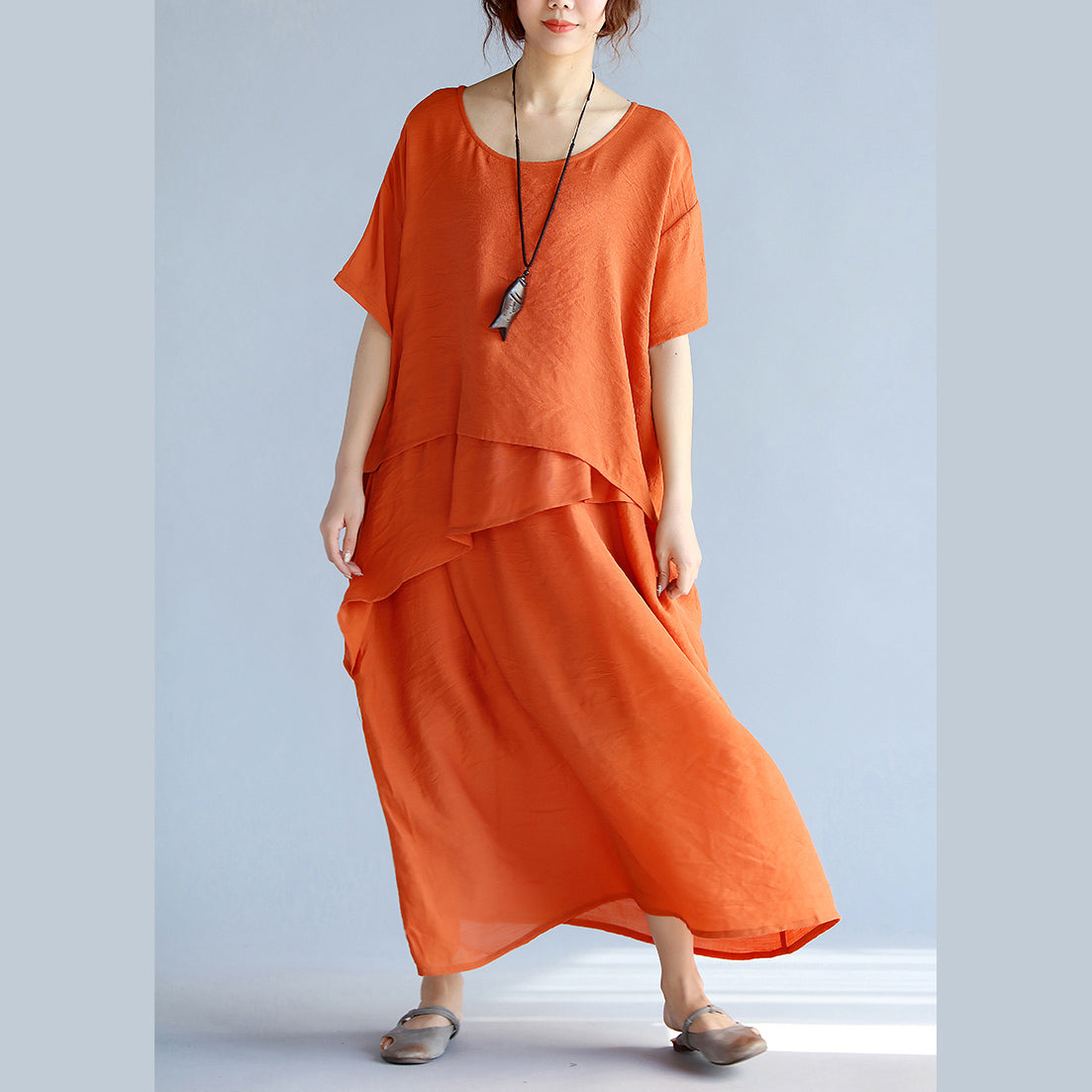 New Orange Long Linen Dresses Clothing Layered Cotton Dresses New Short Sleeve Linen Cotton Dress