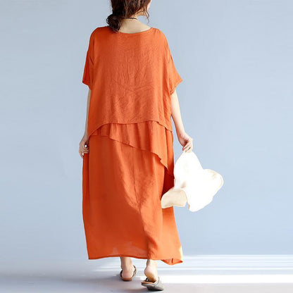 New Orange Long Linen Dresses Clothing Layered Cotton Dresses New Short Sleeve Linen Cotton Dress