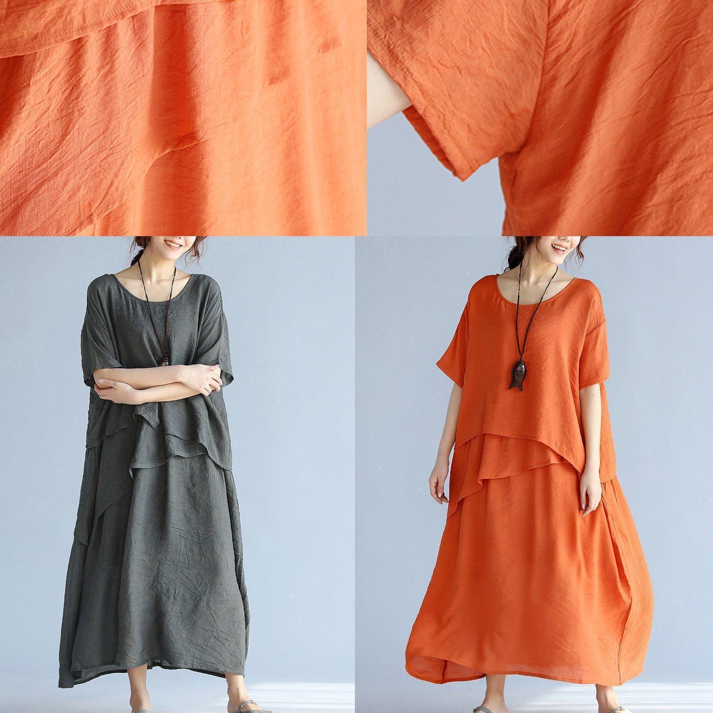 New Orange Long Linen Dresses Clothing Layered Cotton Dresses New Short Sleeve Linen Cotton Dress