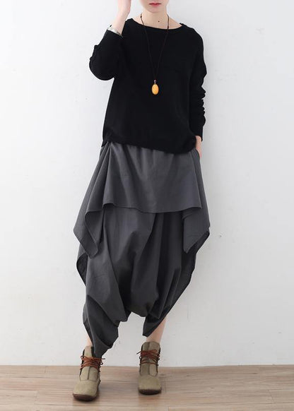 New Original Design Gray Literary Irregular Asymmetric Wide-legged Cropped Trousers