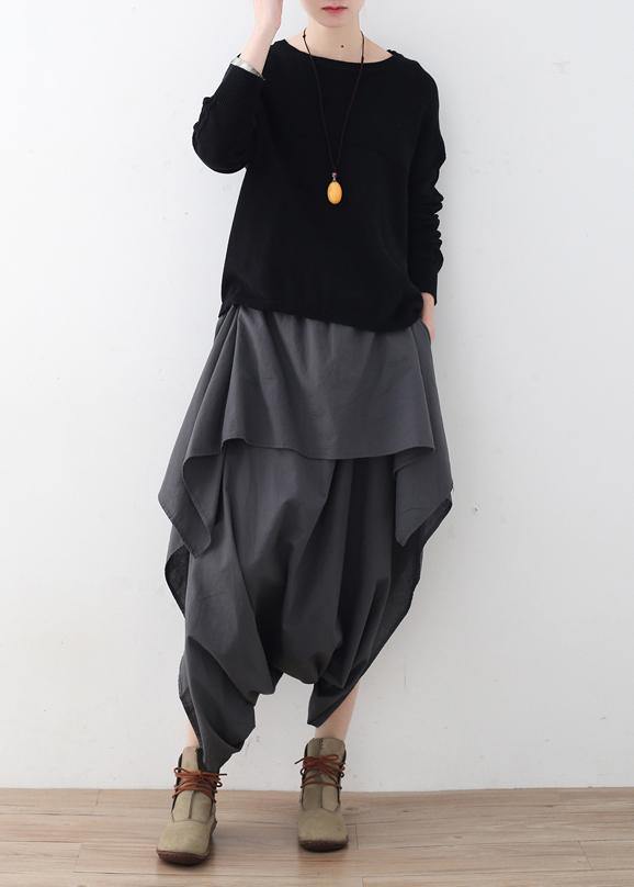 New Original Design Gray Literary Irregular Asymmetric Wide-legged Cropped Trousers