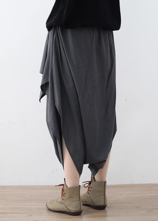 New Original Design Gray Literary Irregular Asymmetric Wide-legged Cropped Trousers
