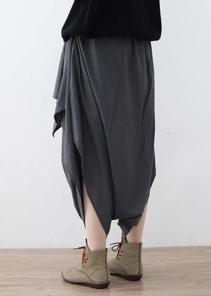 New Original Design Gray Literary Irregular Asymmetric Wide-legged Cropped Trousers