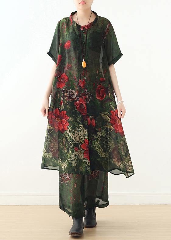 New Original Silk Printed Large Size Long Coat Loose Wide Leg Pants Green Two-piece