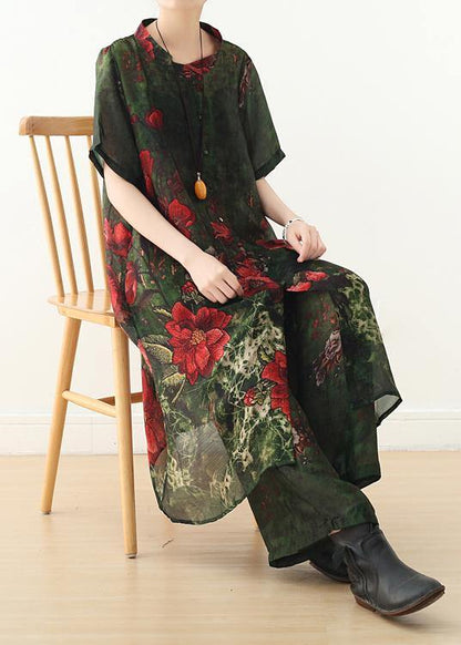 New Original Silk Printed Large Size Long Coat Loose Wide Leg Pants Green Two-piece