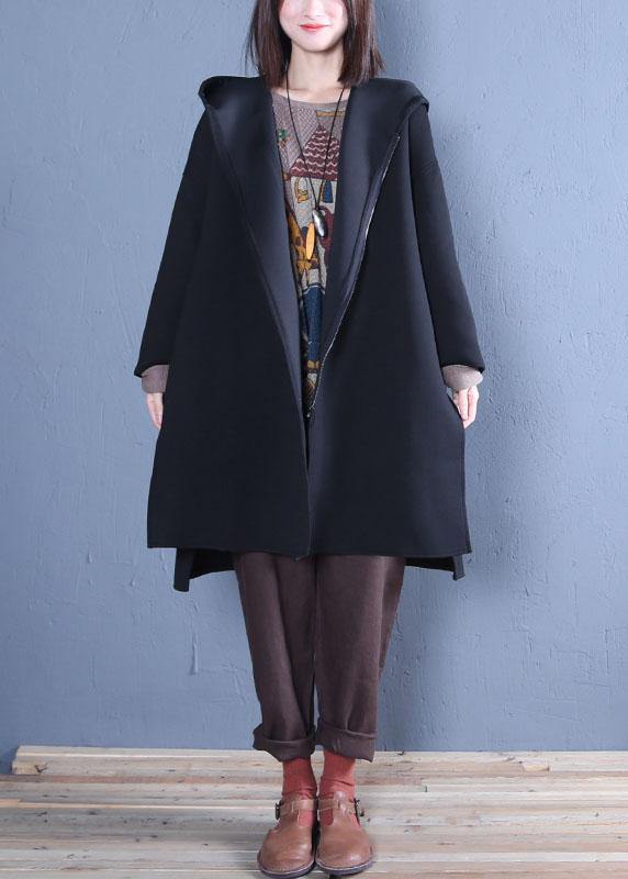 New Oversized Medium Length Coat Fall Black Hooded Coats