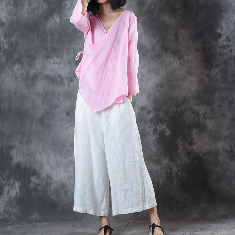 New Pink Natural Linen T Shirt Oversize Linen Maxi T Shirts Fine Half Sleeve V Neck Tie Waist Tops