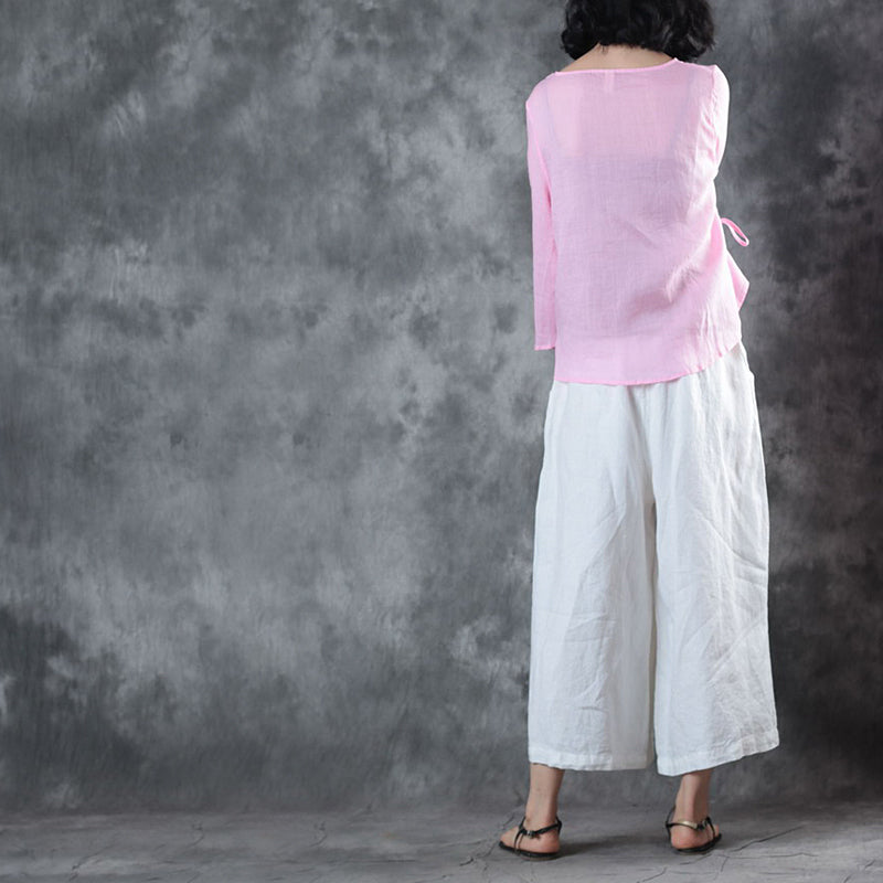 New Pink Natural Linen T Shirt Oversize Linen Maxi T Shirts Fine Half Sleeve V Neck Tie Waist Tops