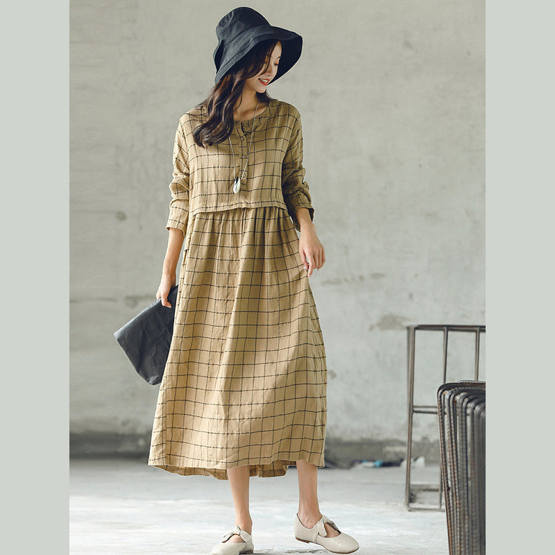 New Plaid Fall Dress O Neck Baggy Caftans Large Hem Linen Dresses