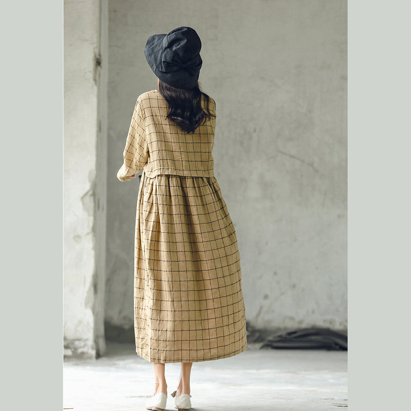 New Plaid Fall Dress O Neck Baggy Caftans Large Hem Linen Dresses